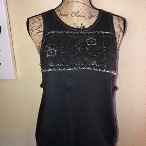 Free People We the Free Distressed Navy Tank Top with Stars & Raw Edge Sz Large